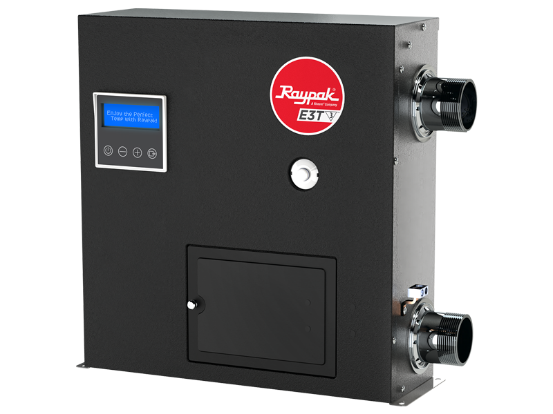 Raypak E3T electric pool and spa heater with digital control panel, black cabinet, and side pipe connections.