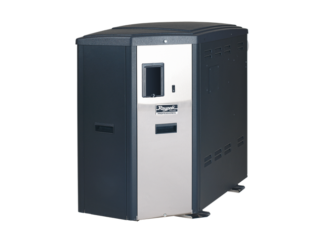 Raypak X94 condensing propane pool heater with black and silver cabinet.