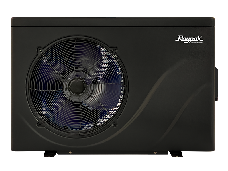Raypak Crosswind 65-I inverter pool heat pump with front fan grille and logo on black housing