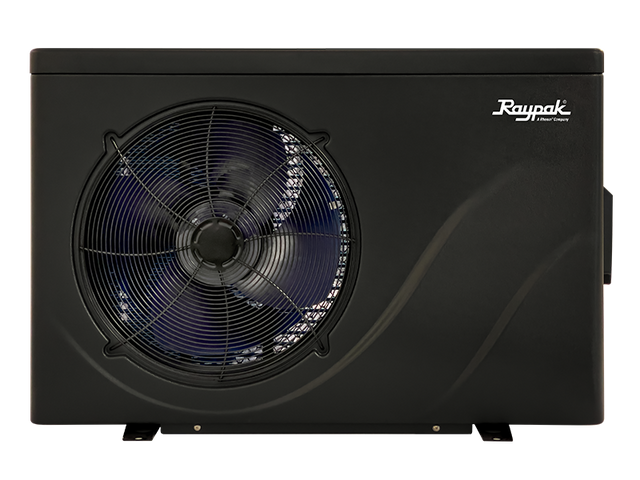 Raypak Crosswind 65-I inverter pool heat pump with front fan grille and logo on black housing
