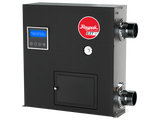 Raypak E3T electric pool and spa heater with digital control panel and side plumbing connections.