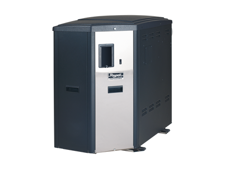 Raypak X94 condensing natural gas pool heater in black and stainless steel cabinet.