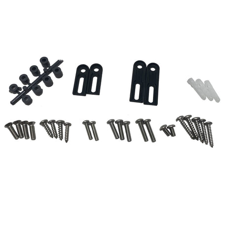AquaStar drain mounting hardware kit with black brackets, plastic anchors, and assorted screws