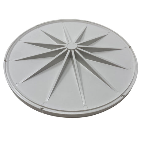 Round gray plastic safety plate with starburst ribs for Pentair in-floor cleaner lock