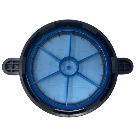 Blue round debris canister lid with black rim and side handles on a white background