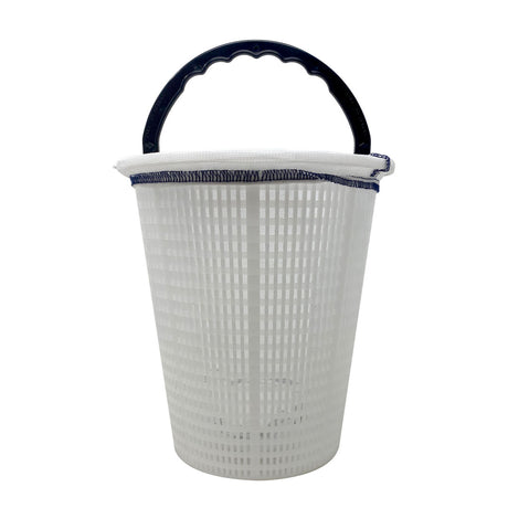 White skimmer basket with fabric silt sock and black carry handle