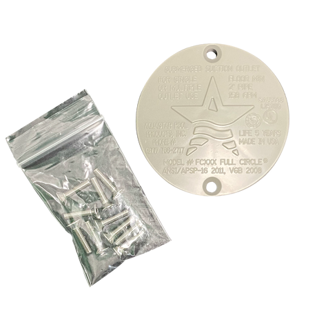 Light gray AquaStar Full Circle drain cover with mounting screws in bag