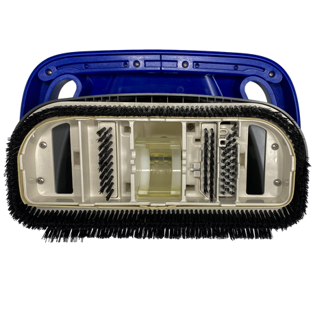 Pentair Dorado suction-side pool cleaner underside with blue housing and black bristle brushes