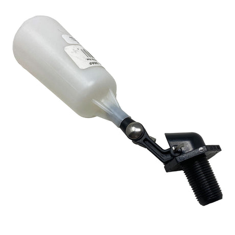 Stetson water leveler float valve with white float and black threaded valve assembly