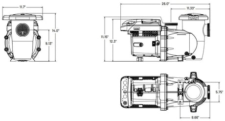 Dimensioned technical drawing of the Pentair IntelliFlo3 VSF 3.0HP pool pump with front, side, and top views