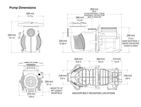 Pentair IntelliFloXF VSF pump dimensions and anchor bolt mounting diagram with front, side, and top views