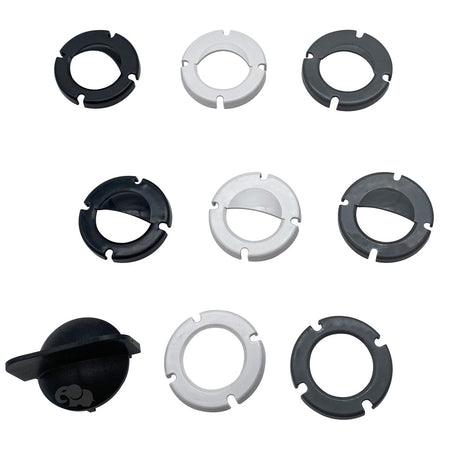 Assorted black, gray, and silver trim rings for a nicheless pool light fixture