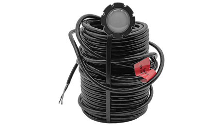 Coiled black cord with Jandy WaterColor nicheless LED pool light attached