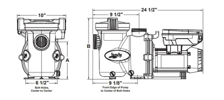 Dimensioned technical drawing of Jandy VS FloPro variable speed pool pump with measurements and front, side, and top views
