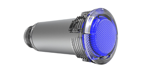Blue Square Spectrum 360 nicheless light head displaying blue illumination; K5007-P is the multicolor kit with a 100-foot cable.