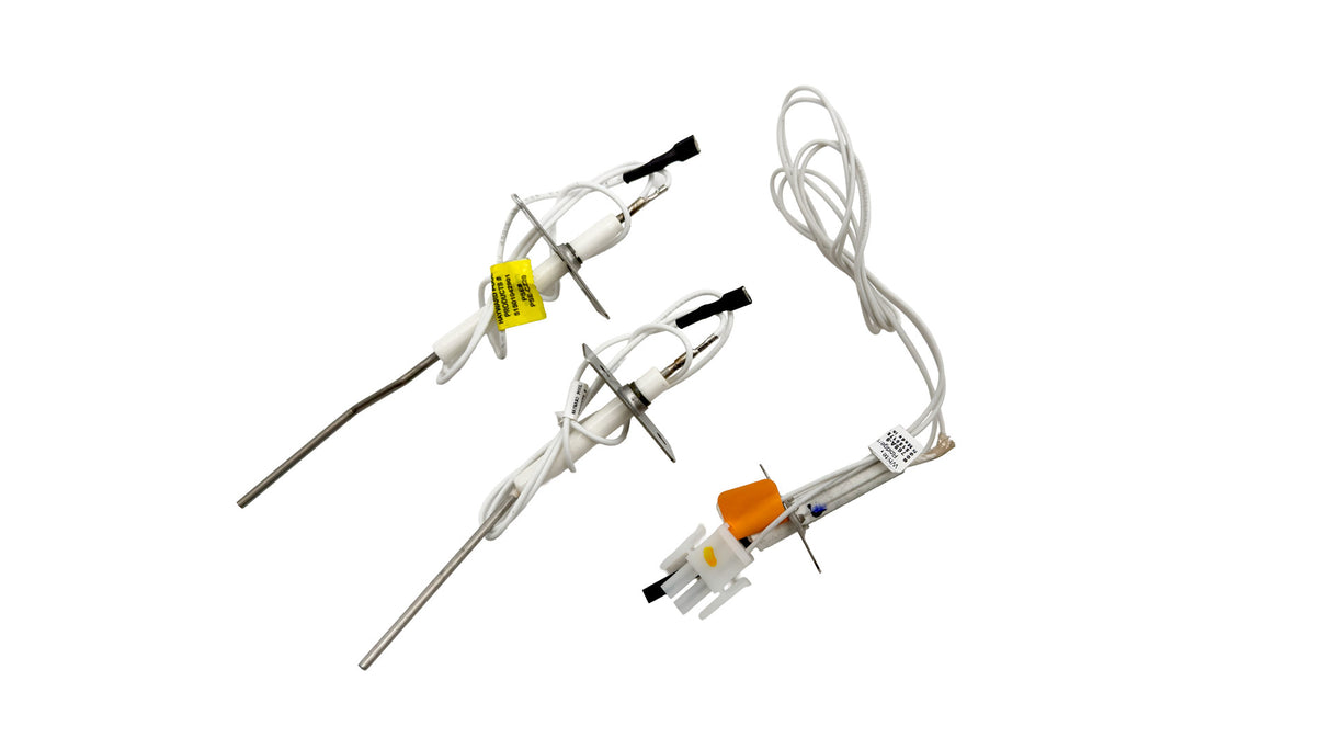 Igniter and flame sensor kit with three wired probes on a white background