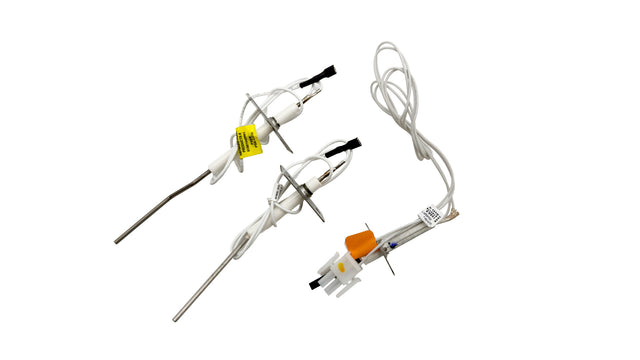 Igniter and flame sensor kit with three wired probes on a white background