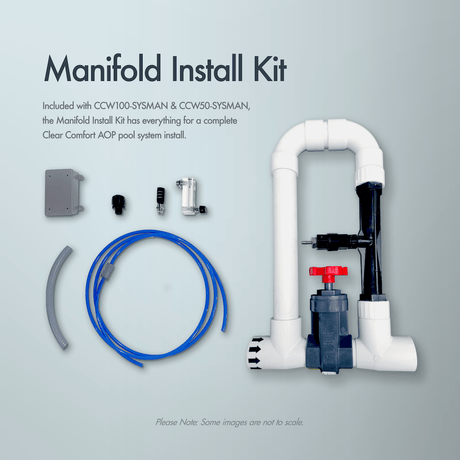 Clear Comfort Manifold Install Kit with PVC manifold, valves, fittings, control box, and tubing components