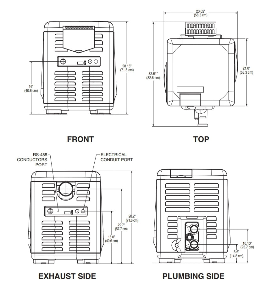 Technical dimension diagram of a Pentair MasterTemp pool heater showing front, top, exhaust side, and plumbing side views with measurements and connection locations