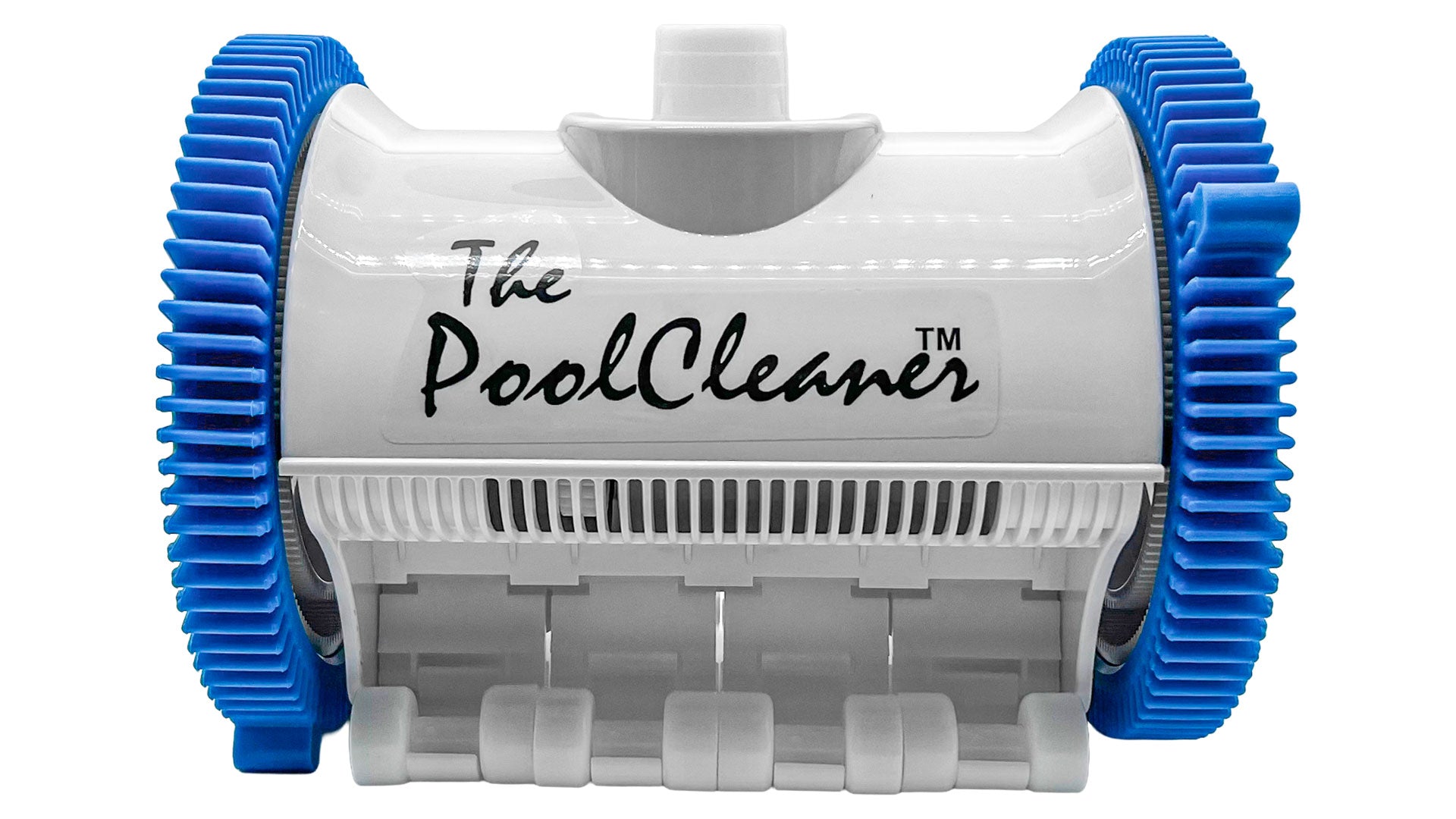 Hayward The Pool Cleaner two-wheel cleaner head unit with blue side wheels, shown front view.