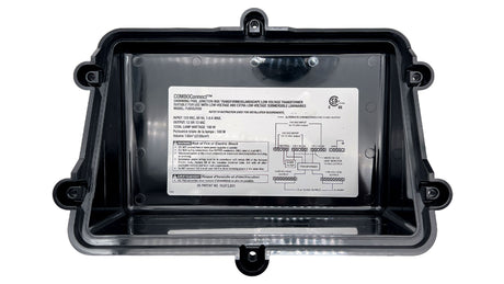 Intermatic COMBOConnect junction box transformer enclosure with product label and wiring diagram visible