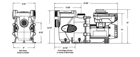 Jandy variable-speed pool pump dimension diagram with front and side views and mounting measurements