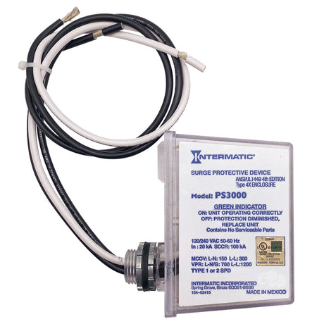 Intermatic PS3000 pool and spa surge protective device with attached black and white wires in clear enclosure