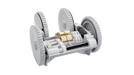 Pool cleaner four-wheel lower body rebuild kit with gears and wheels on white background