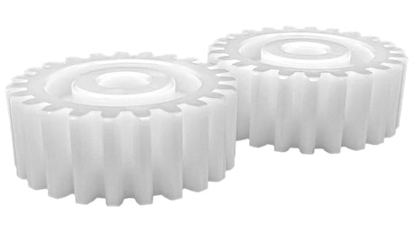 Two white plastic pool cleaner gear drive gears, small size, shown side by side