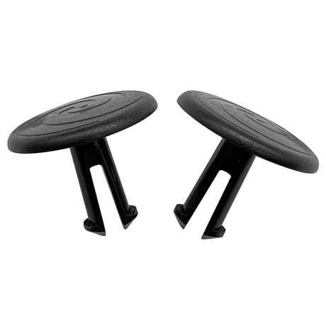 Black wheel retainer clip for Hayward Poolvergnuegen pool cleaner, shown in a pair