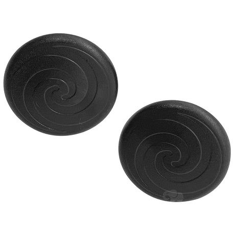 Black Poolvergnuegen wheel retainer clip with spiral pattern, shown in two views