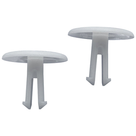 Two white Hayward Poolvergnuegen wheel retainer clips on a white background