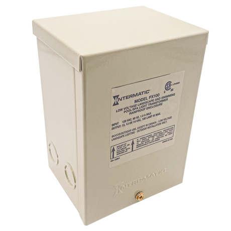 Beige Intermatic WS-PX100 pool and spa safety transformer in metal enclosure with front label and side knockout openings