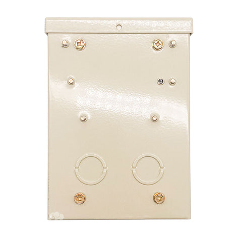 Beige metal pool and spa safety transformer enclosure with knockouts and mounting screws