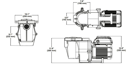 Technical dimension drawing of a Pentair WhisperFlo High Performance Pump with measured front, side, and top views.