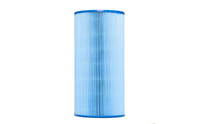 Blue pleated cylindrical pool filter cartridge on a white background.