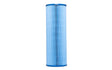 Blue cylindrical pleated pool filter cartridge on a white background.