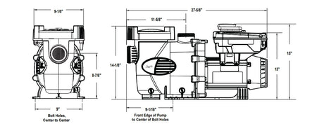 Jandy VS PlusHP pool pump dimension drawing with front and side views and measurements