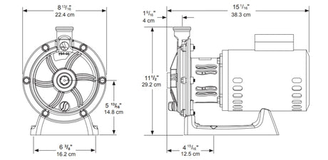 Polaris PB4-60 booster pump dimension drawing with front and side measurements in inches and centimeters