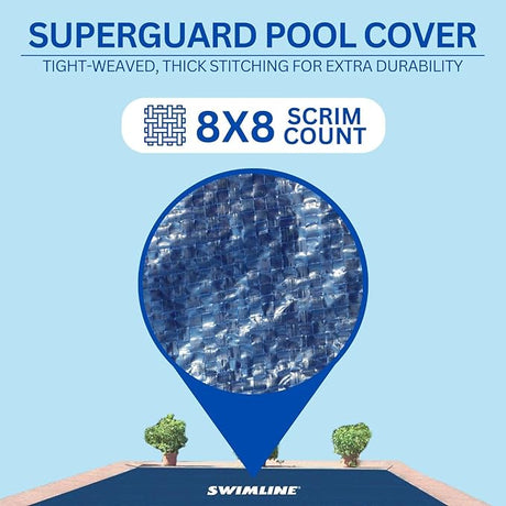 Blue Swimline Super Guard pool cover with 8x8 scrim count and tight-woven heavy-duty material close-up