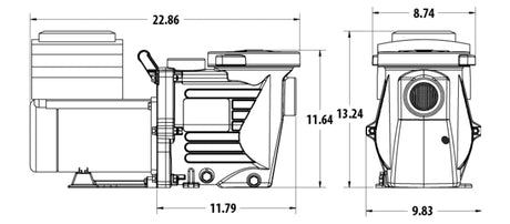 Dimensioned side and front view diagram of the Power Defender VSP 1.65HP 230V pump motor assembly with measurements shown in inches.