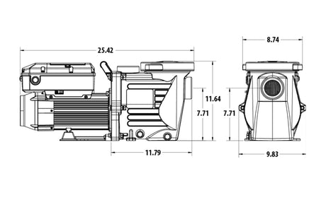 Dimensioned side and front views of the Power Defender VS Dual Voltage 1.40HP pump motor assembly