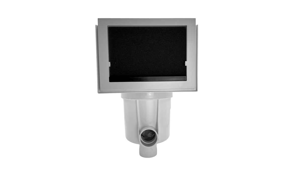 QuikSkim Complete pool skimmer body with white lid and black foam insert, front view