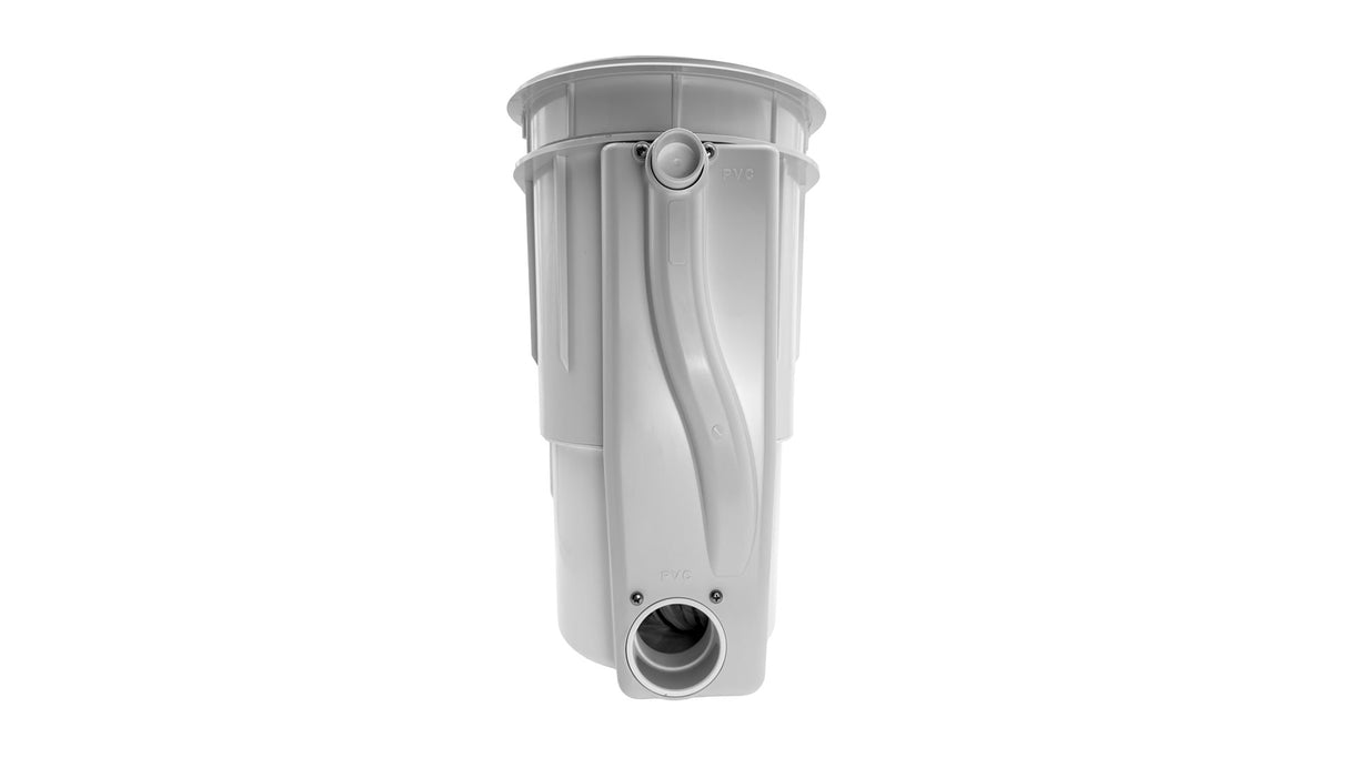 White Pentair QuikSkim in-floor pool skimmer body with white ring lid and PVC plumbing ports