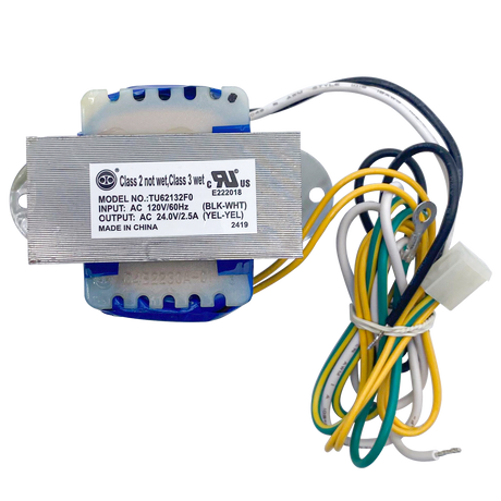 120V transformer with labeled metal core and multicolored wiring harness