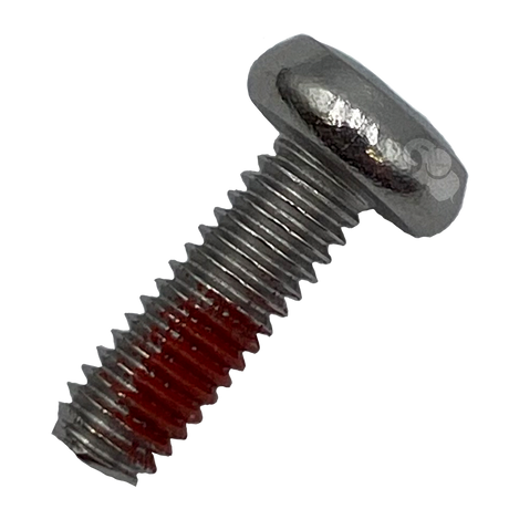 Metal threaded screw with red threadlocker