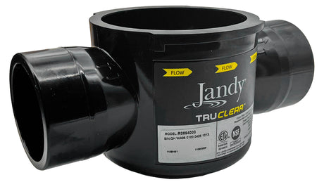 Jandy TruClear salt chlorinator housing replacement part, black PVC body with flow arrows and model label R0694000