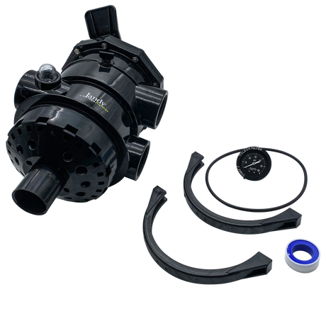 Jandy SFTM Series sand filter multi-port valve with clamp assembly, pressure gauge, and seal ring components