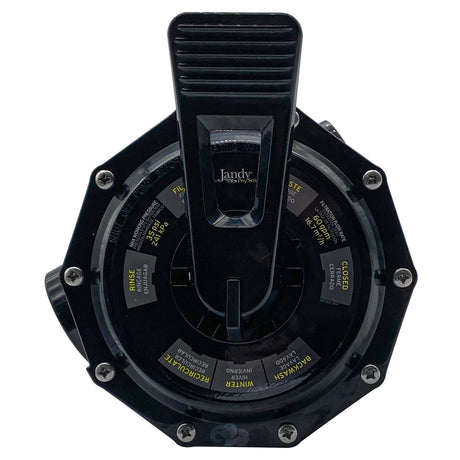 Jandy SFTM Series sand filter multi-port valve with clamp assembly, black round valve with handle selector