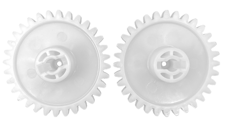 Two white Polaris drive gears with central hubs, side by side on a white background